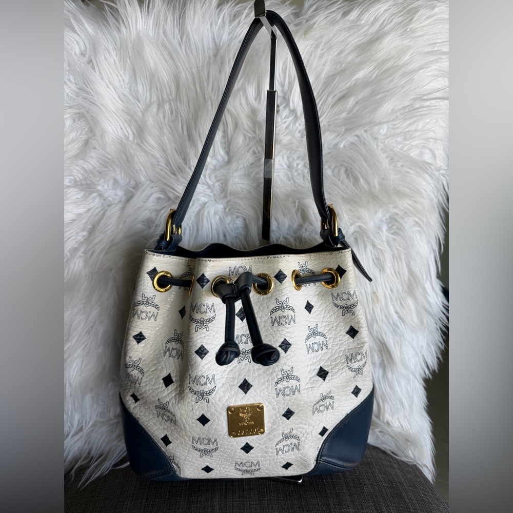 MCM white and Blue  Visetos Drawstring Bucket Shoulder Bag